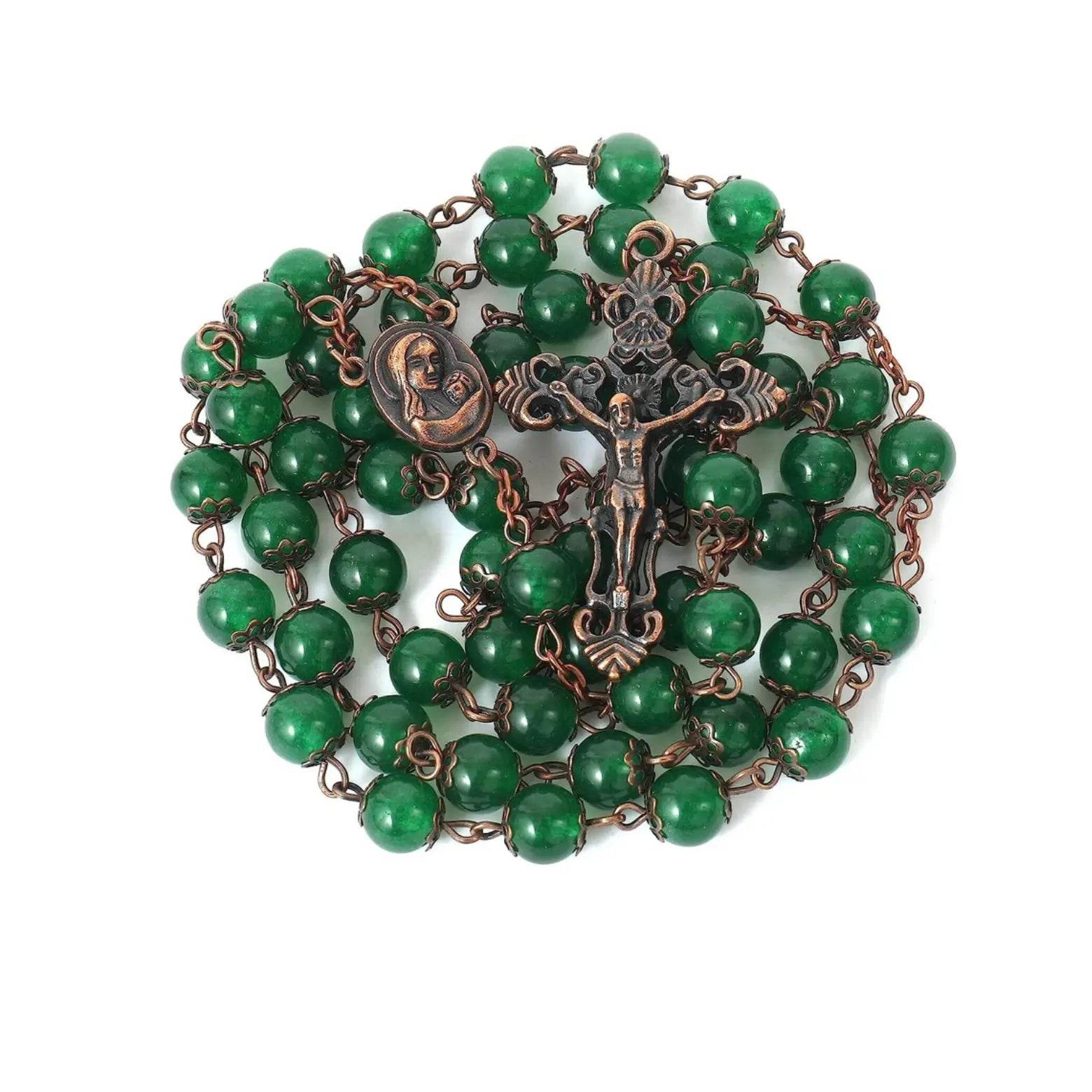 Green Jade Natural Stone Rosary Beads Necklace Holy Soil & Cross Crucifix - Nazareth Store