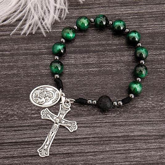Green Tiger Eye One Decade Car Rosary St. Joseph Medal & Jesus Cross - Nazareth Store