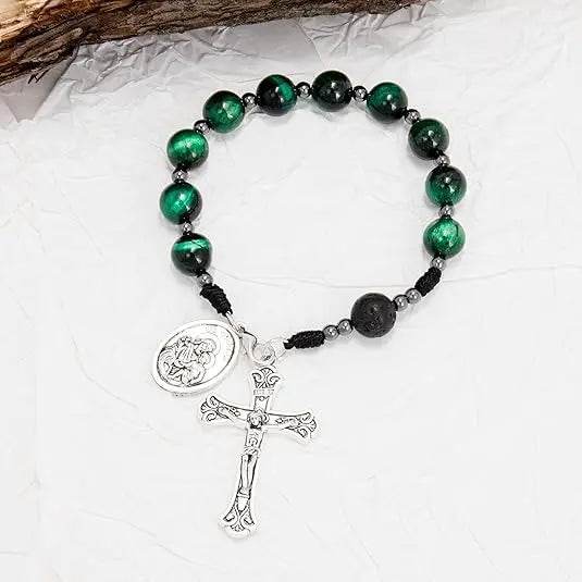 Green Tiger Eye One Decade Car Rosary St. Joseph Medal & Jesus Cross - Nazareth Store