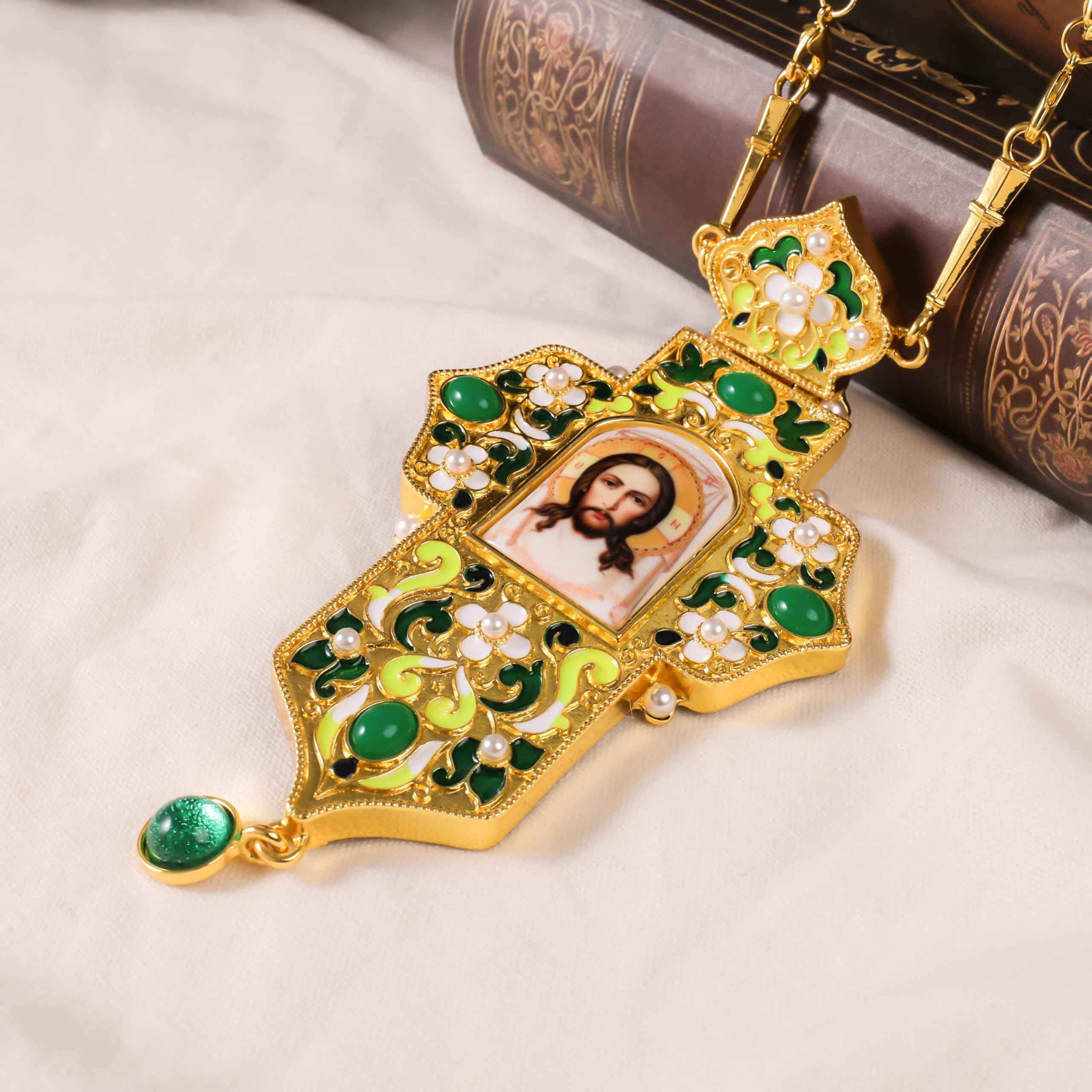 Green Enamel Orthodox Cross Pendant Gold Plated Crucifix Necklace