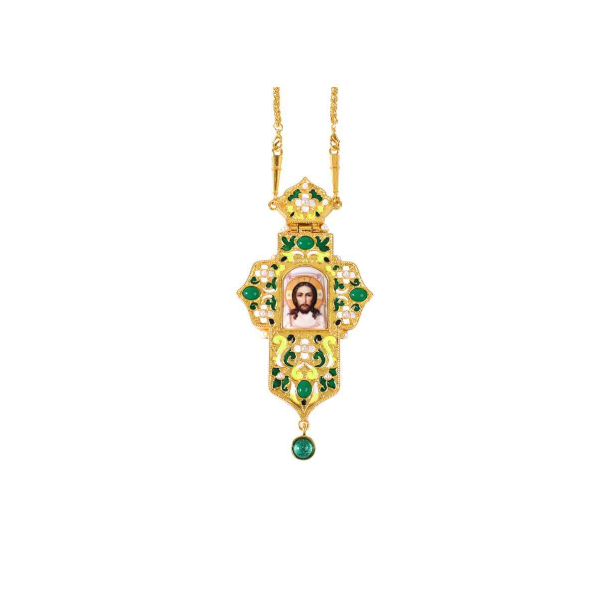 Green Enamel Orthodox Cross Pendant Gold Plated Crucifix Necklace