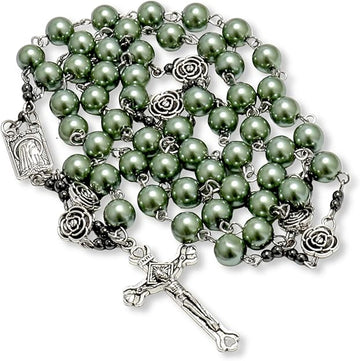 Pearl Beads Rosary Metal Mystery Roses with Hematite stones, Catholic Rosary Necklace