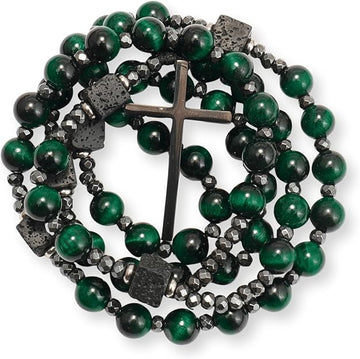 Green Tiger Eye & Lava Stone 9mm Beads Rosary Necklace with Black Alloy Cross Nazareth Store