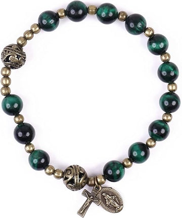 Green Tiger Eye Rosary Bracelet with Metal Separators Miraculous Medal and Cross Nazareth Store