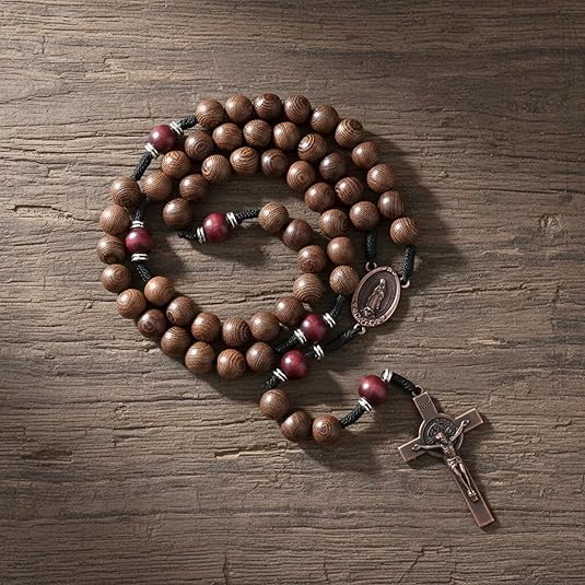 10mm olive wood beads and 12mm dark red wood mystery beads, this rosary offers a bold, strong design that’s perfect for men.