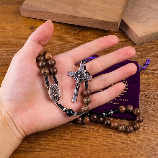 10mm olive and 10mm black wood mystery beads, this rosary offers a bold, strong design that’s perfect for men.