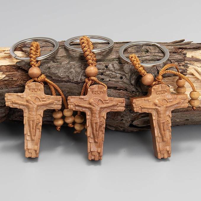 3pcs Wooden Crucifix Keychain Set Hand-Carved Peach Wood with Beaded Rope - Nazareth Store