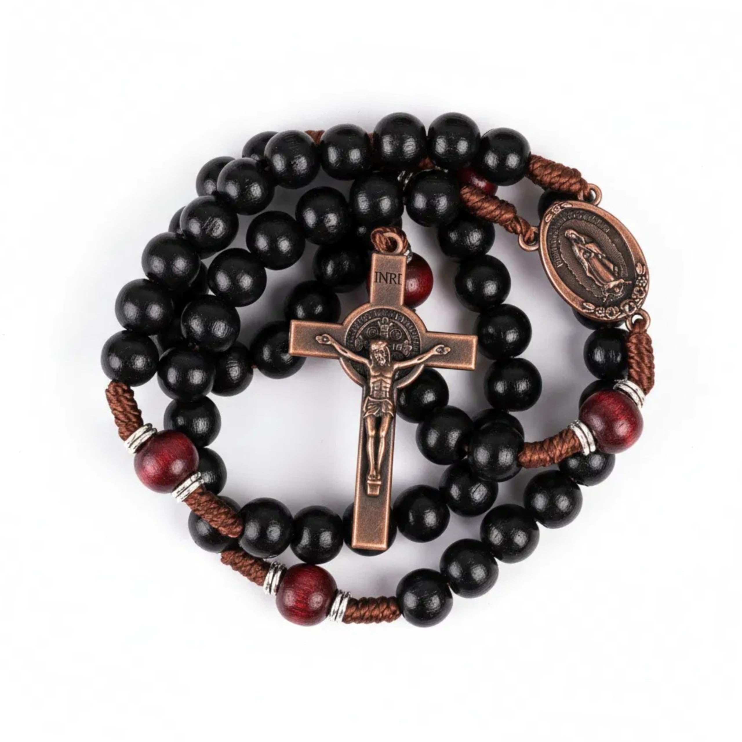 Handmade Solid Wood Catholic Rosary Beads Black & Dark Red Wood Mystery Beads Prayer Necklace with Antique Copper Guadalupe Medal & Crucifix