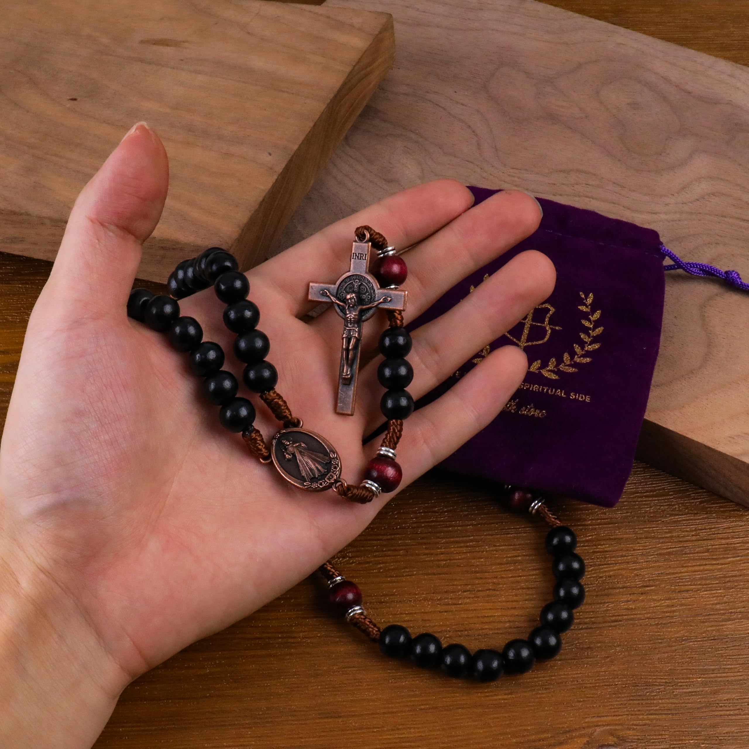 Handmade Solid Wood Catholic Rosary Beads Black & Dark Red Wood Mystery Beads Prayer Necklace with Antique Copper Guadalupe Medal & Crucifix