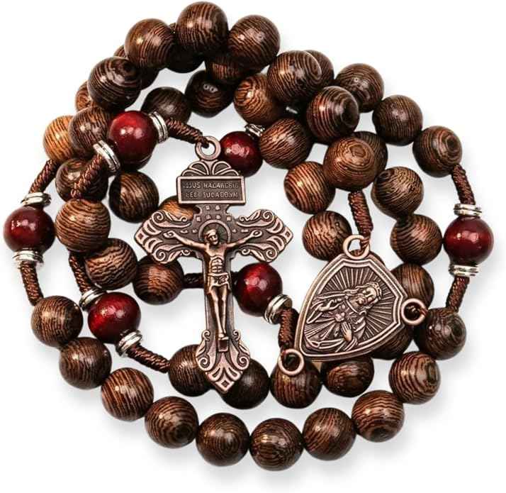 Handmade Wooden Beads Rosary Necklace with Our Father Medal & Crucifix Religious Gift