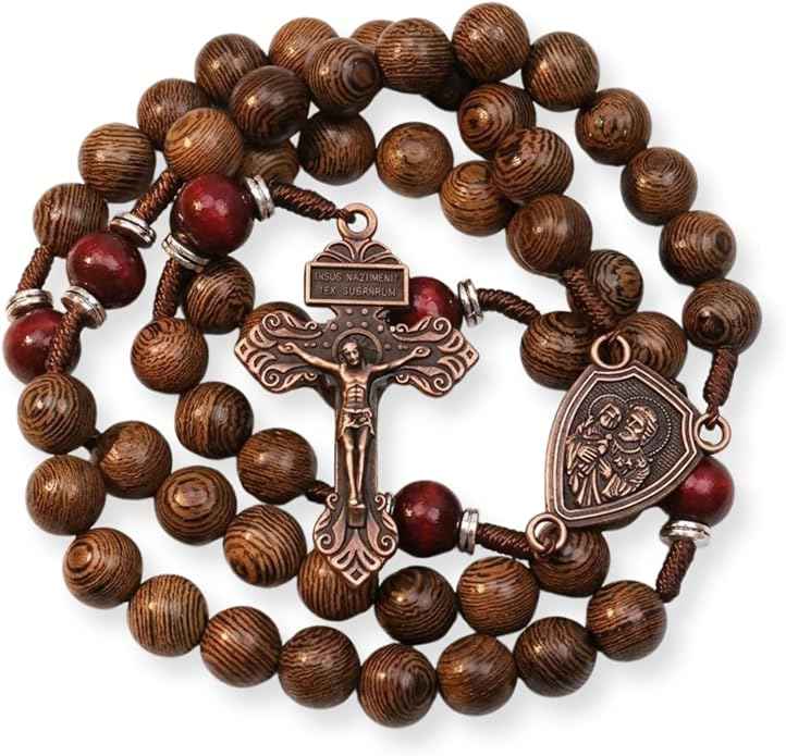 Handmade Wooden Beads Rosary Necklace with St. Joseph Medal & Crucifix Religious Gift