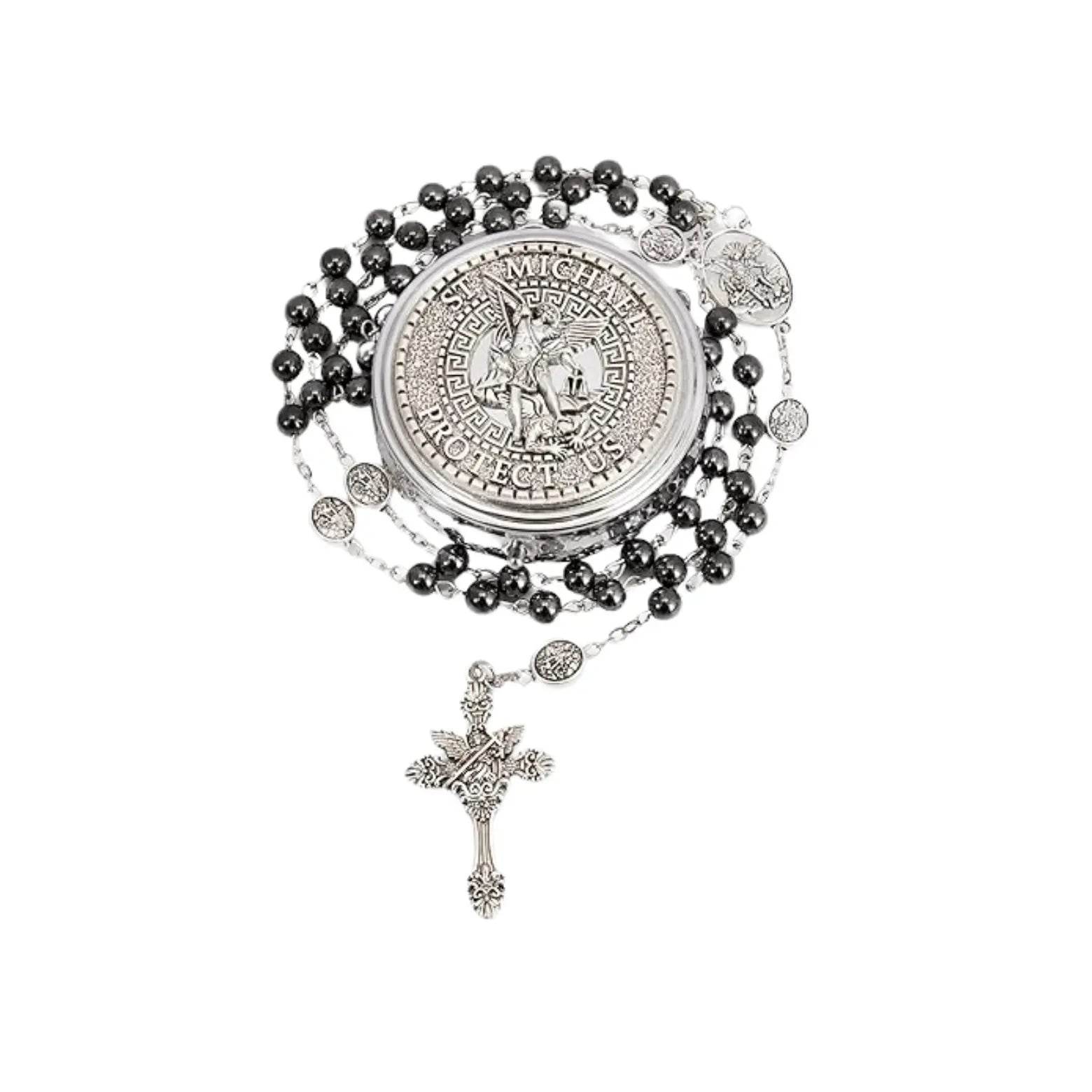 Hematite Rosary Necklace with Silver Archangel Medal & St. Michael Cross - Nazareth Store