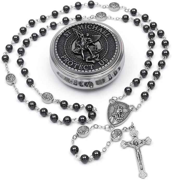 Hematite Rosary Necklace Silver-Plated St. Michael Archangel Medal & Crucifix with Metal Box