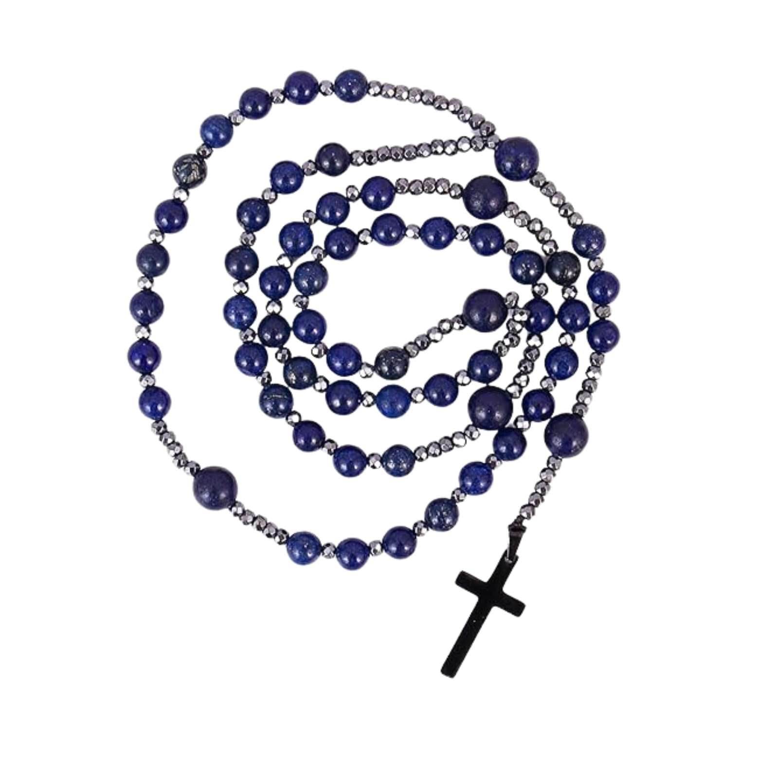Lapis Lazuli Beaded Catholic Rosary Necklace with Hematite Spacers & Black Cross