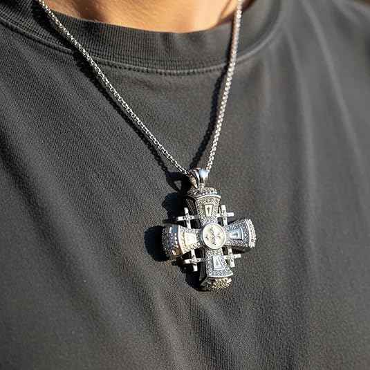 White Enamel Jerusalem Cross Pendant Stainless Steel Silver Plated Necklace