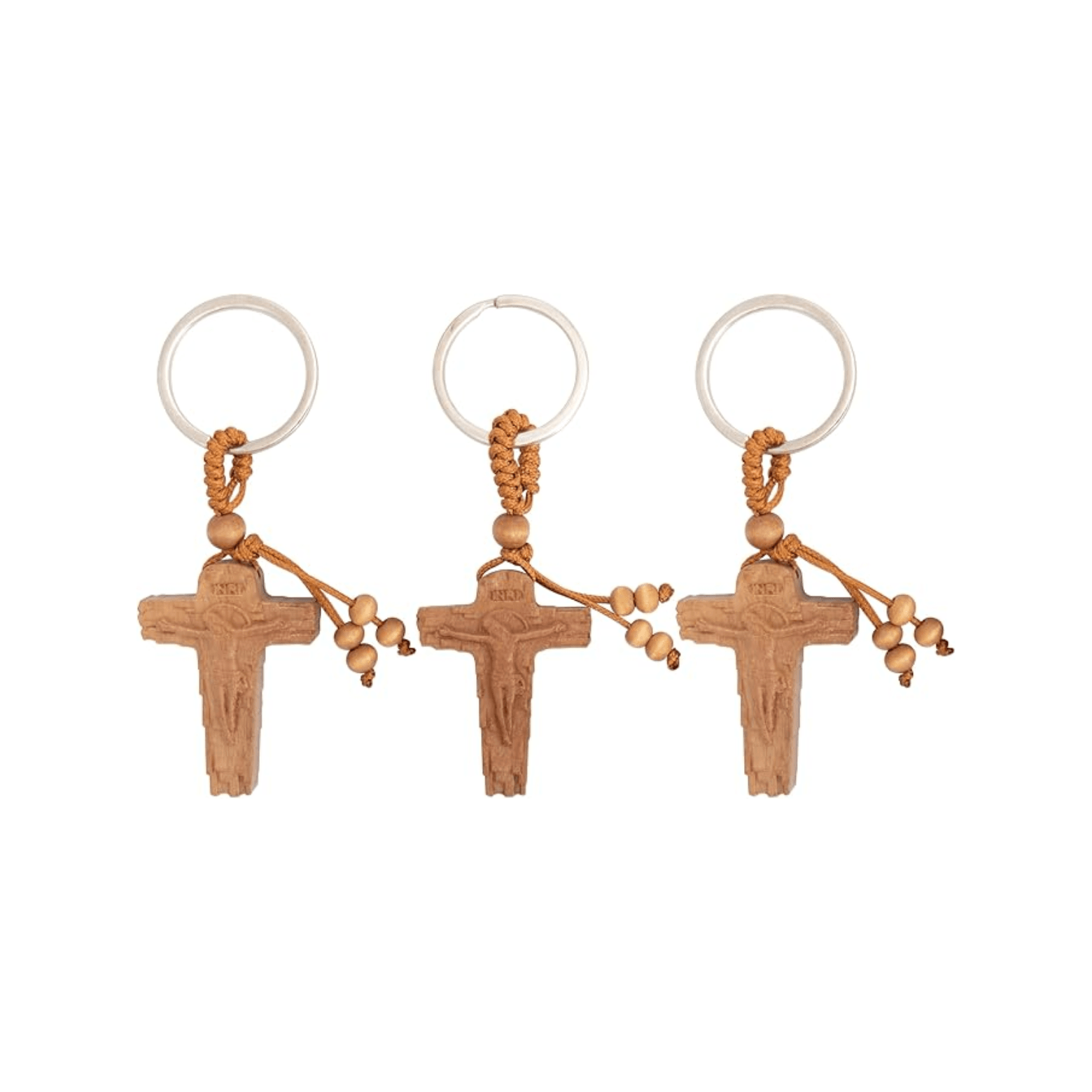 3pcs Wooden Crucifix Keychain Set Hand-Carved Peach Wood with Beaded Rope - Nazareth Store
