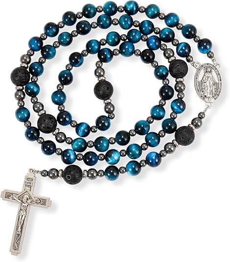 Men's Blue Tiger Eye Rosary with Lava Beads Miraculous Medal & Cross Rosary Necklace - Nazareth Store