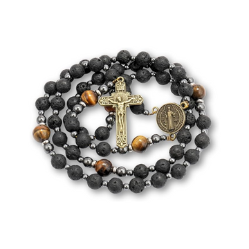Black Lava Stone Rosary with Yellow Tiger Eye St. Benedict Medal & Cross Necklace for Men's Nazareth Store