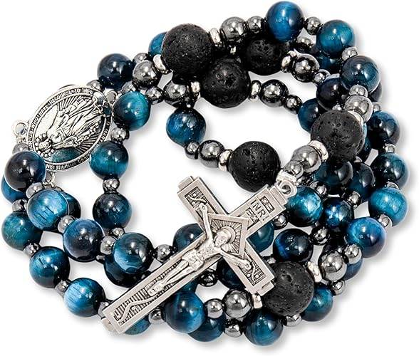Men's Blue Tiger Eye Rosary with Lava Beads Miraculous Medal & Cross Rosary Necklace - Nazareth Store