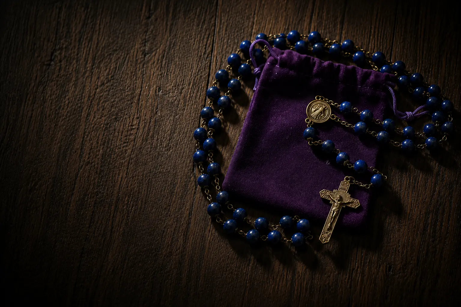 Blue rosary with a purple pouch on a wooden surface