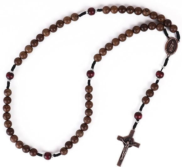 10mm olive wood beads and 12mm dark red wood mystery beads, this rosary offers a bold, strong design that’s perfect for men.