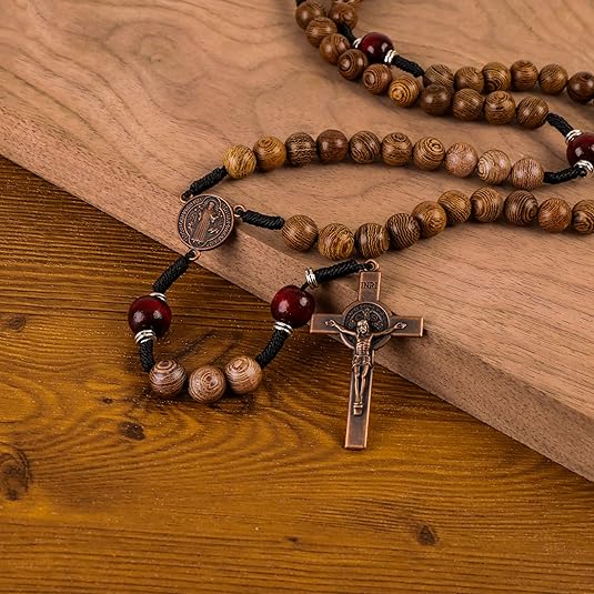 10mm olive wood beads and 12mm dark red wood mystery beads, this rosary offers a bold, strong design that’s perfect for men.