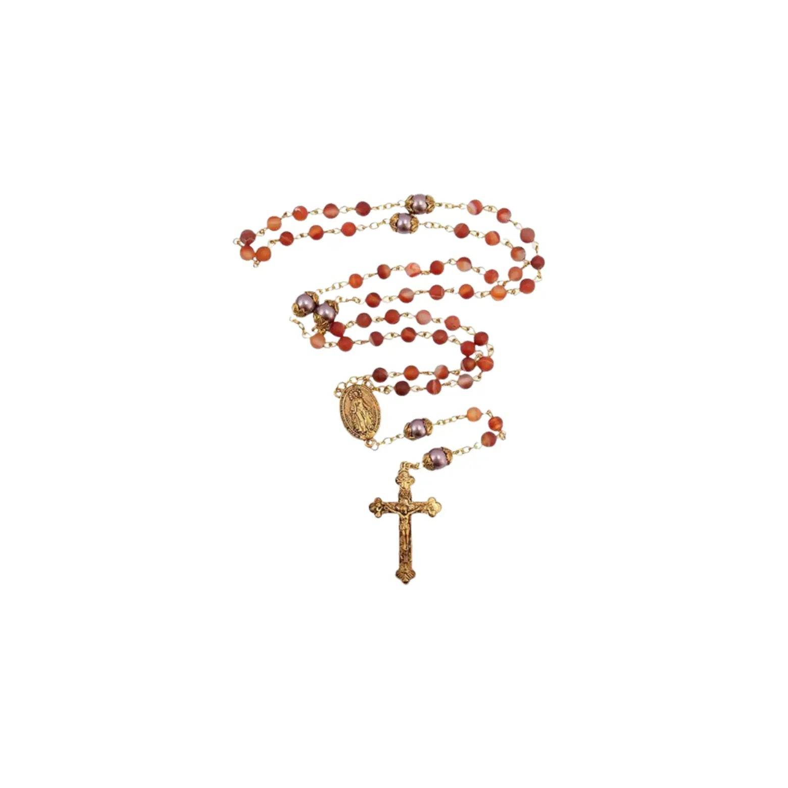Matte Stone & Pearl Round Beads Rosary Gold Necklace Miraculous Medal & Cross - Nazareth Store