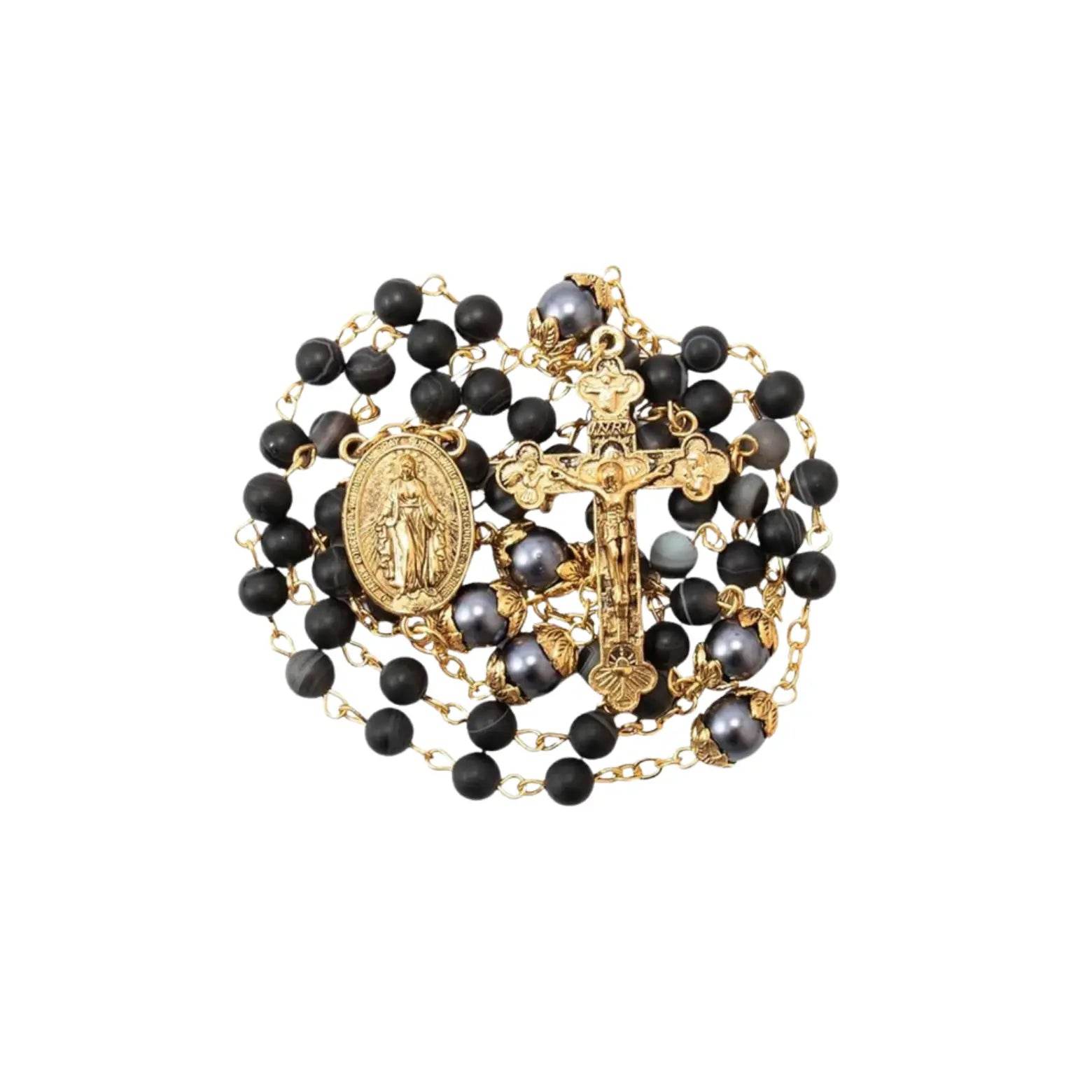 Matte Stone & Pearl Round Beads Rosary Gold Necklace Miraculous Medal & Cross - Nazareth Store