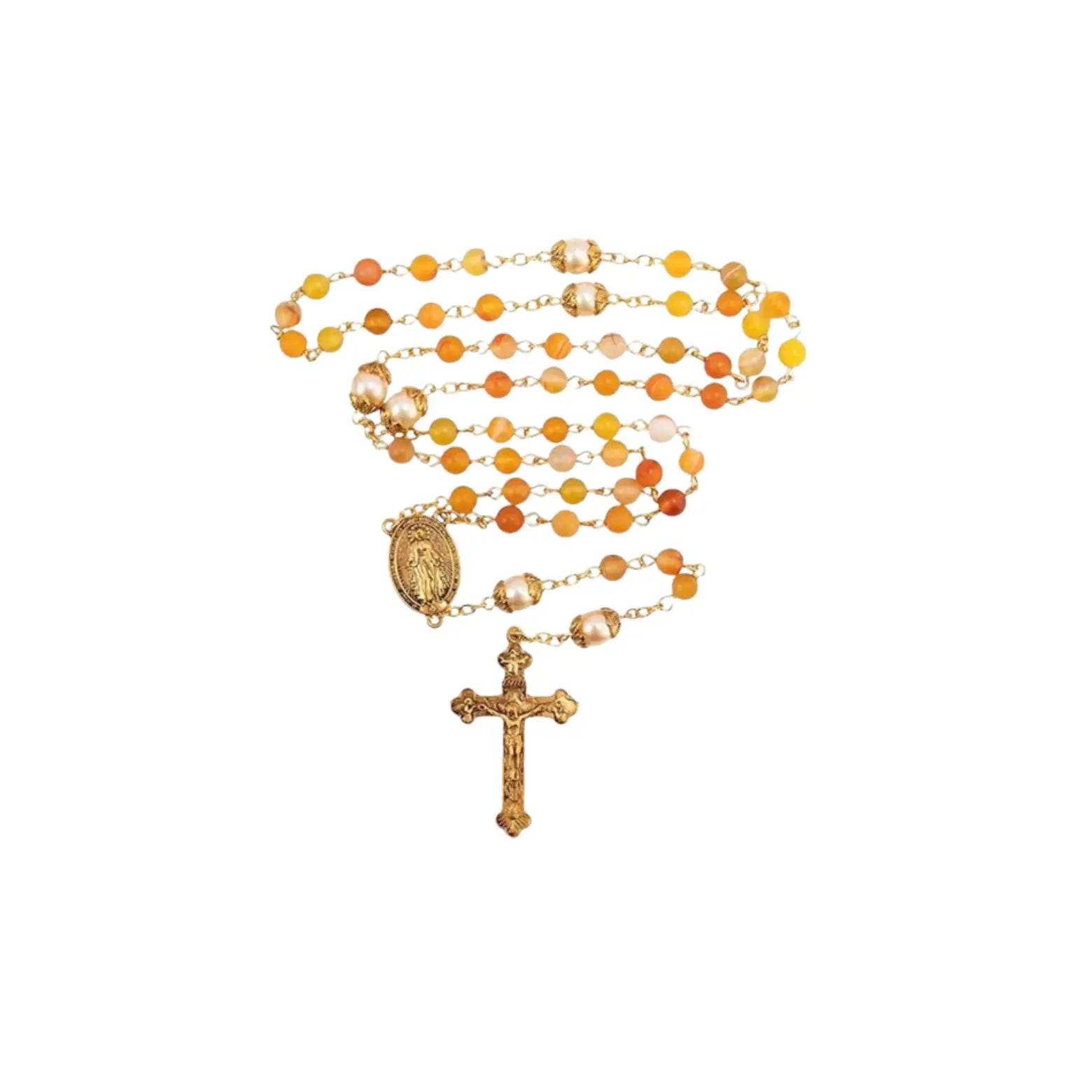 Matte Stone & Pearl Round Beads Rosary Gold Necklace Miraculous Medal & Cross - Nazareth Store