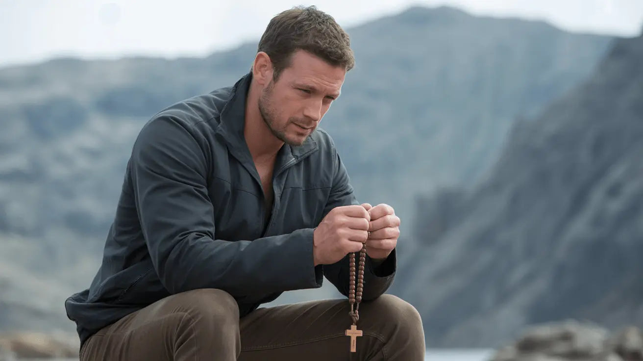 Man sitting outdoors with mountains in the background, holding a rosary.