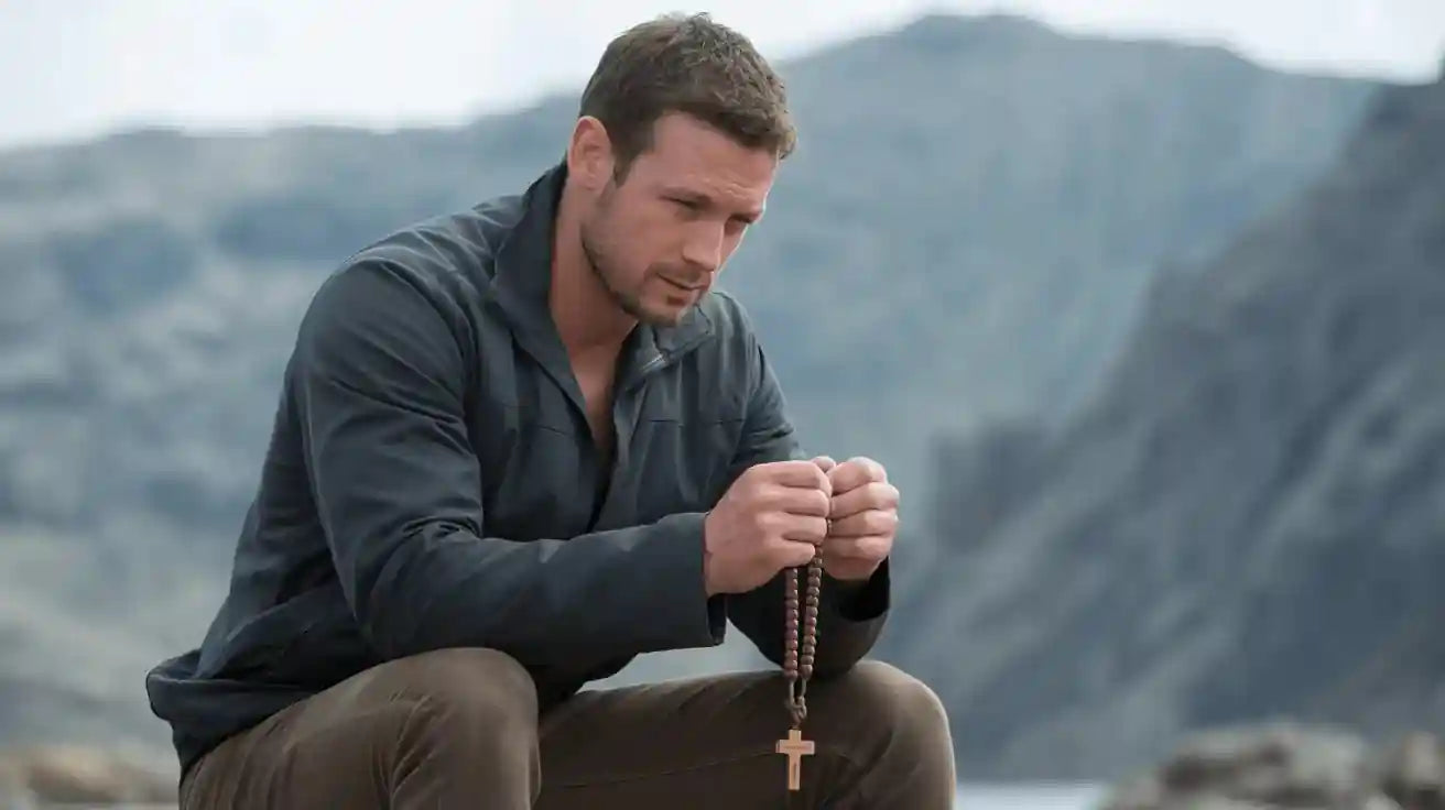Man sitting outdoors with mountains in the background, holding a rosary.