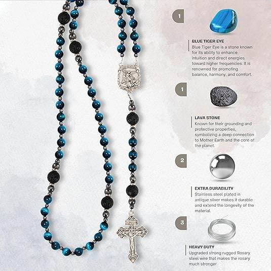 Men's Blue Tiger Eye Rosary with Lava Beads Saint Michael Medal & Cross – Gift Box Included - Nazareth Store