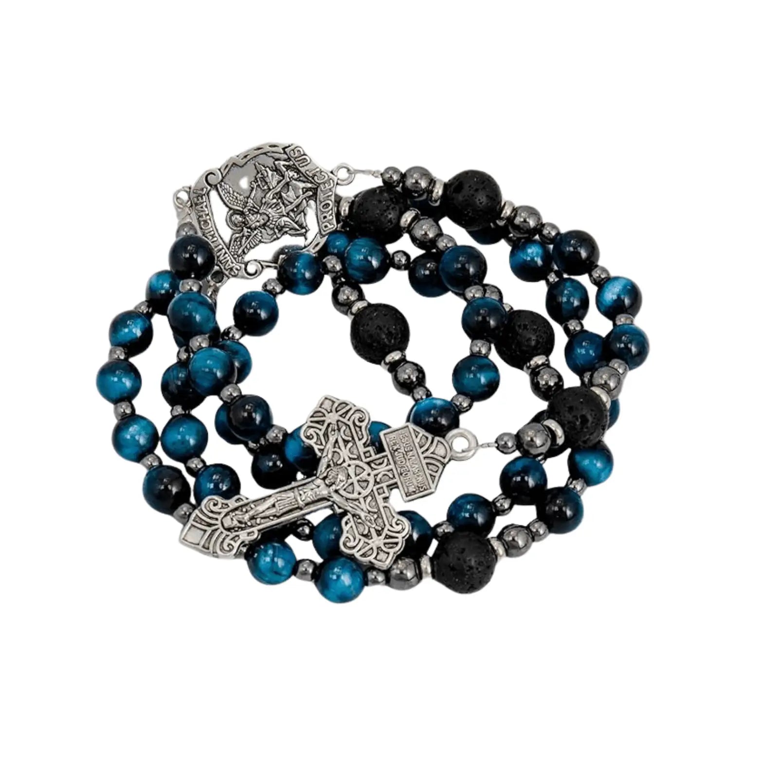 Men's Blue Tiger Eye Rosary with Lava Beads Saint Michael Medal & Cross – Gift Box Included - Nazareth Store