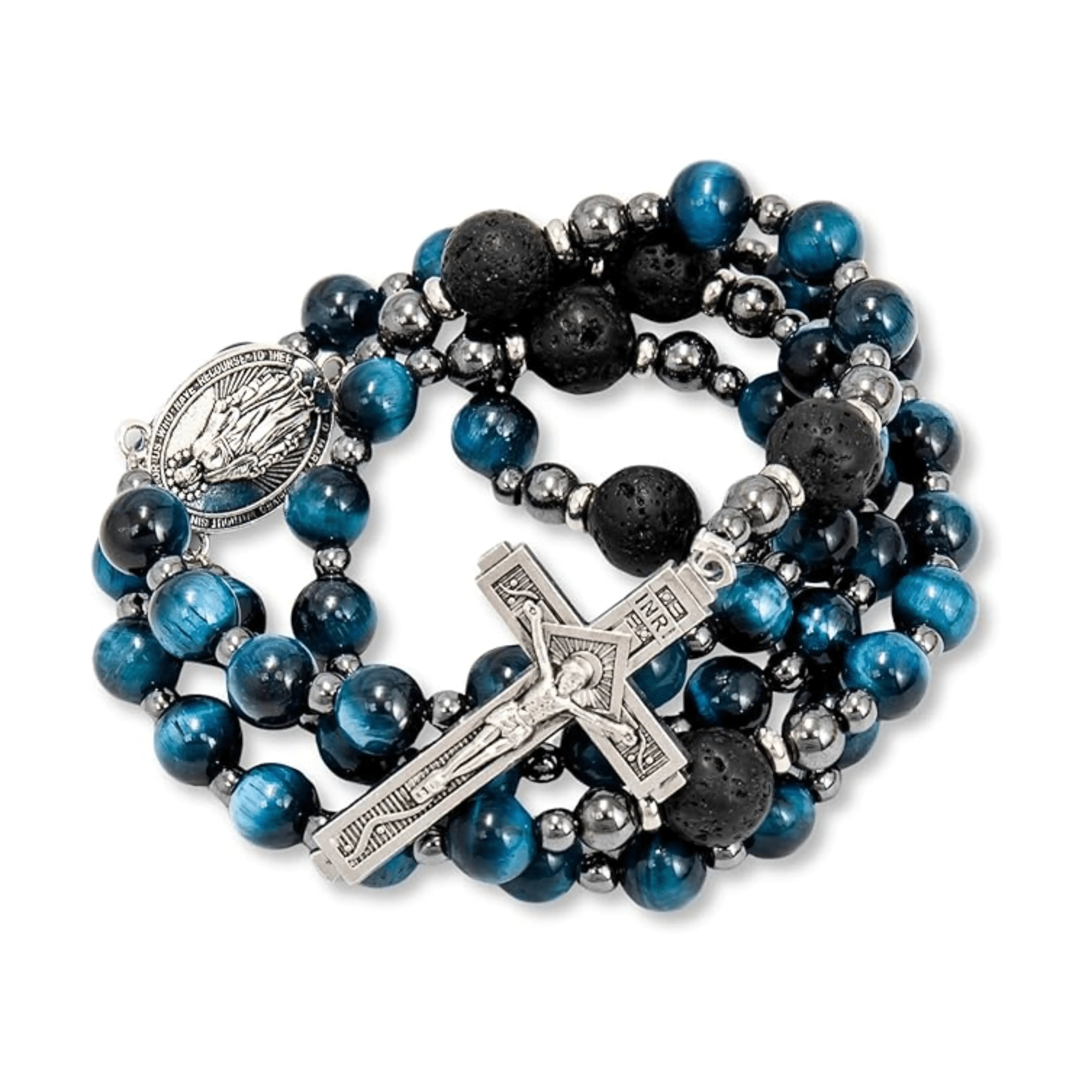 Men's Blue Tiger Eye Rosary with Lava Beads Miraculous Medal & Cross Rosary Necklace - Nazareth Store