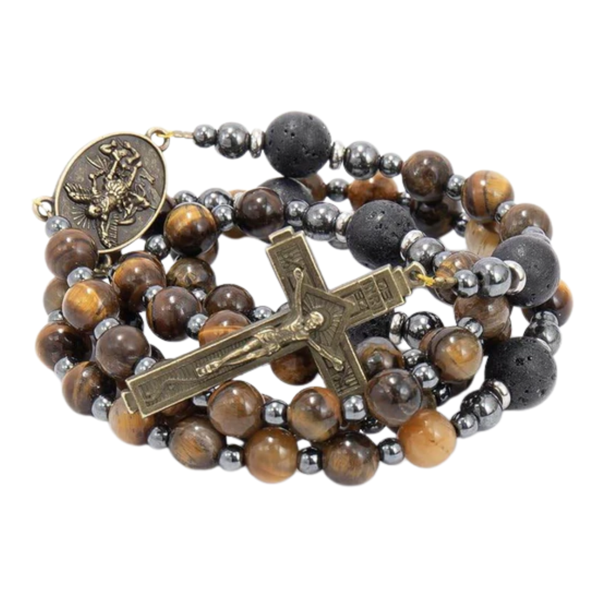 Men's Brown Tiger Eye Catholic Rosary with St. Michael Medal & Cross - Nazareth Store
