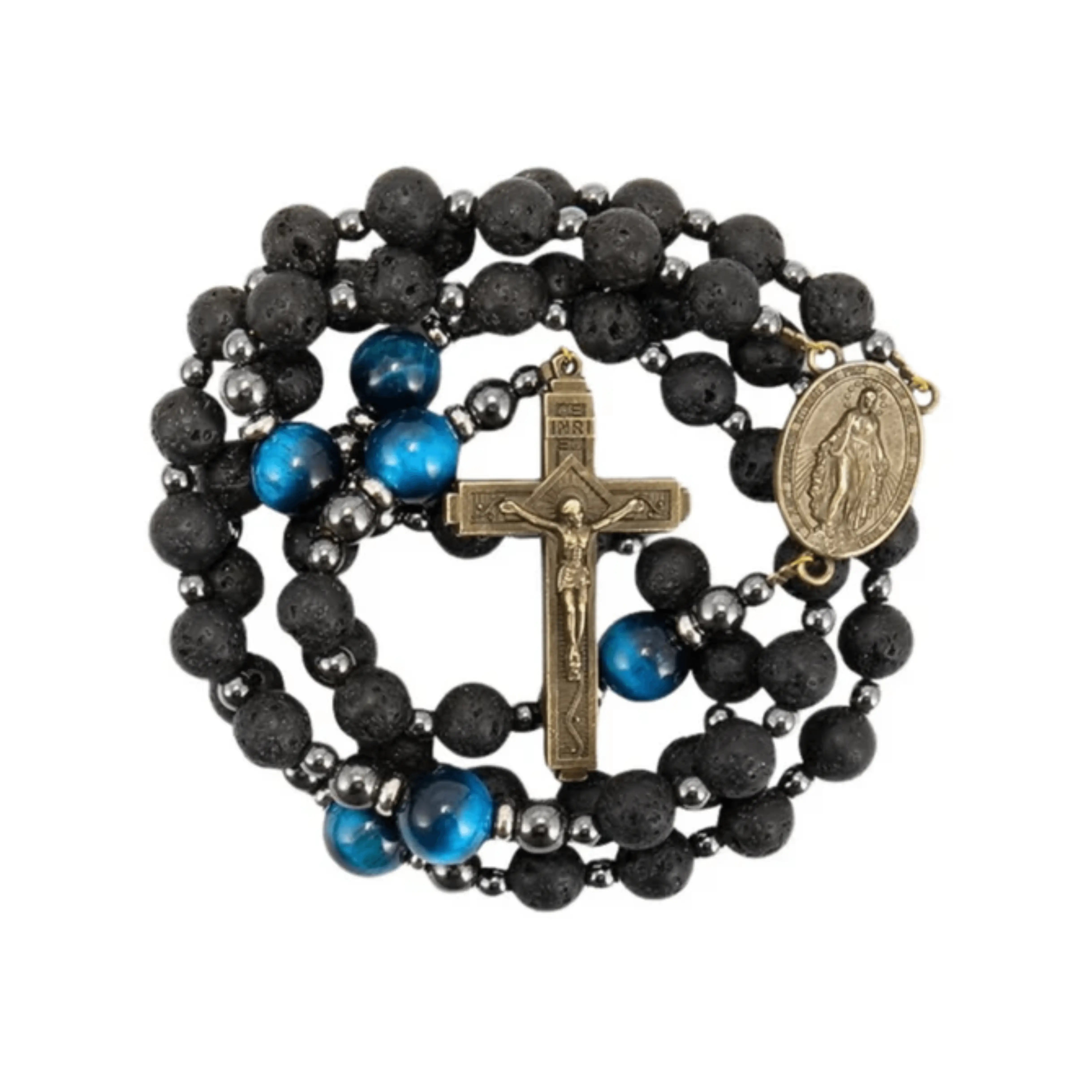 Miraculous Black Lava Stone Beads with Blue Tiger Eye Beads Rosary Necklace for Men's - Nazareth Store