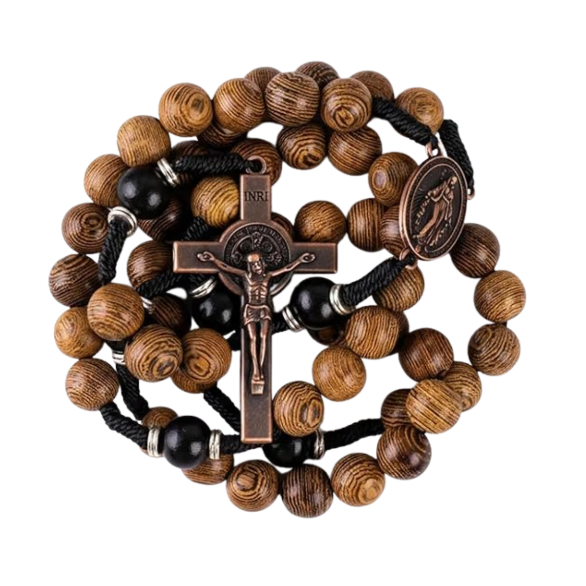 10mm olive and 10mm black wood mystery beads, this rosary offers a bold, strong design that’s perfect for men.