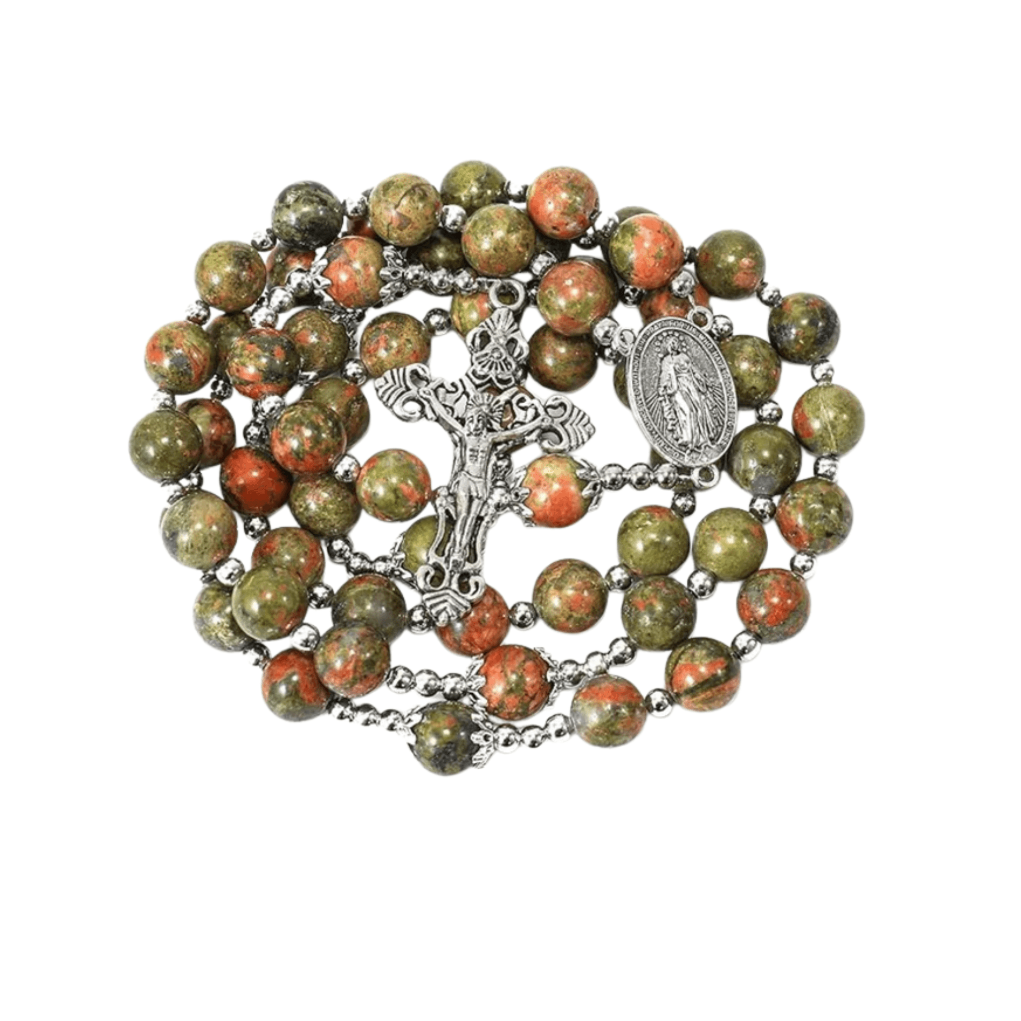 Natural Agate Green Flower Beads Rosary Necklace with Silver Miraculous Medal with Cross - Nazareth Store