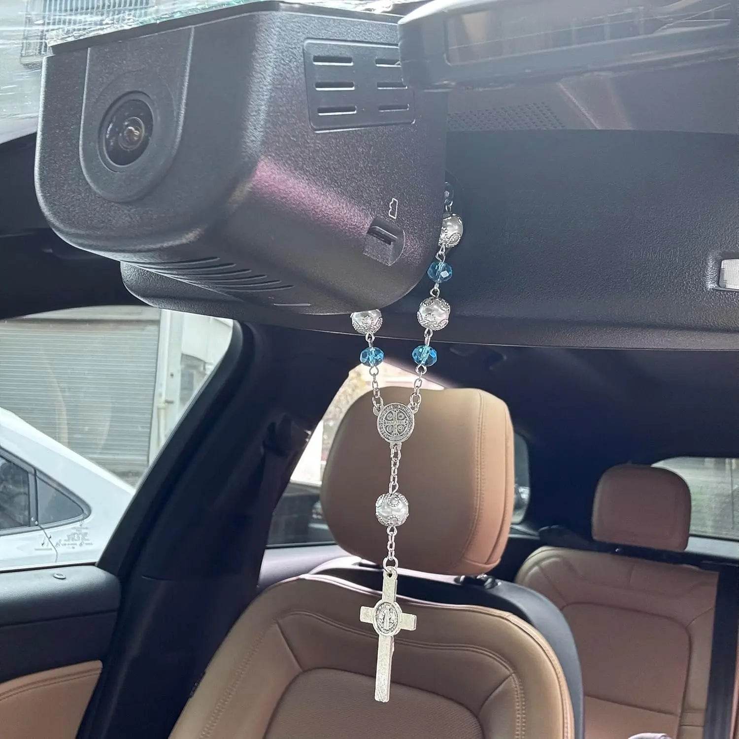 One Decade Car Rosary St. Benedict Medal & Rearview Mirror Charm - Nazareth Store