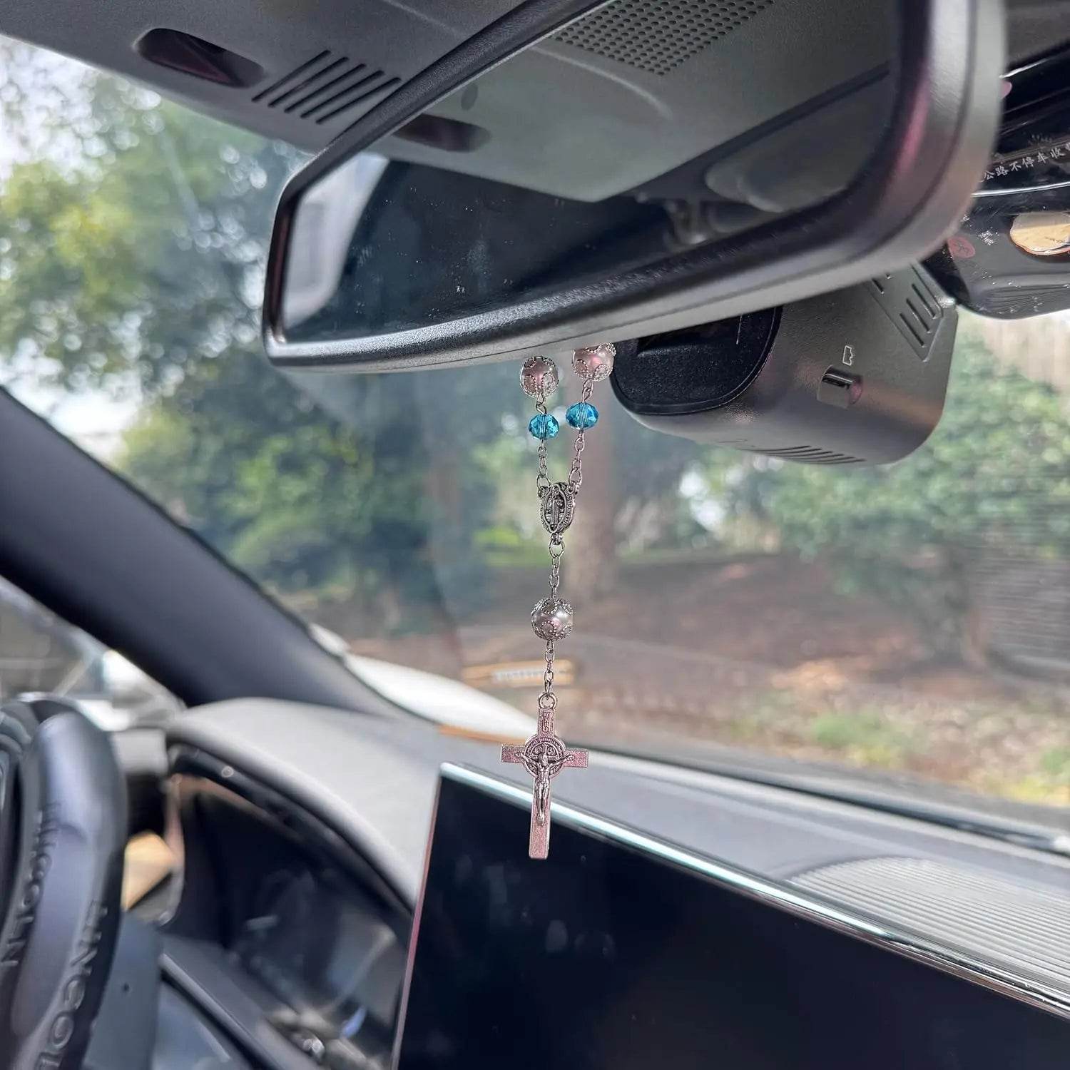 One Decade Car Rosary St. Benedict Medal & Rearview Mirror Charm - Nazareth Store