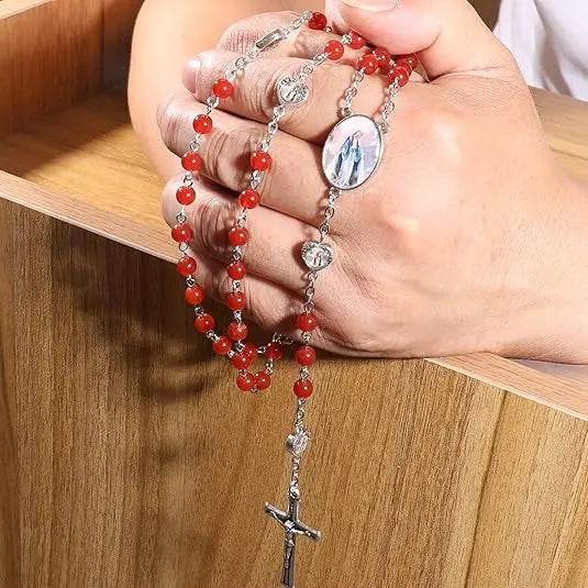 Natural Stone Beads Rosary Epoxy Heart Metal Beads with Miraculous Medal - Nazareth Store