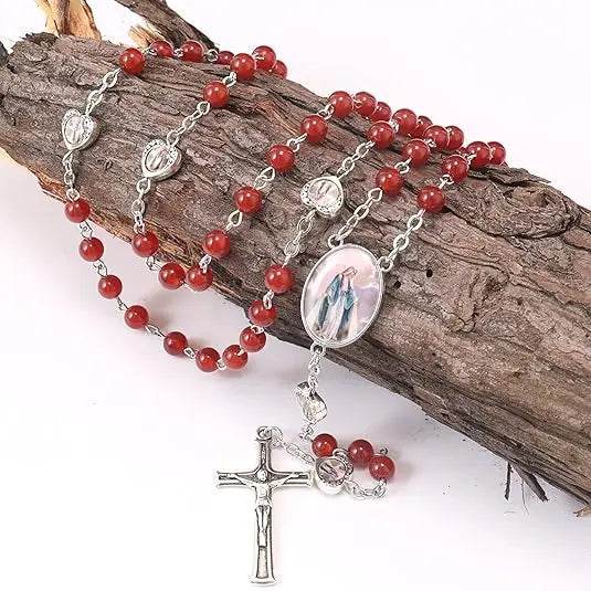 Natural Stone Beads Rosary Epoxy Heart Metal Beads with Miraculous Medal - Nazareth Store