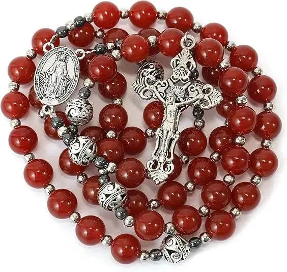 Red Garnet Stone Rosary Necklace Miraculous Medal & Silver Crucifix - Nazareth Store