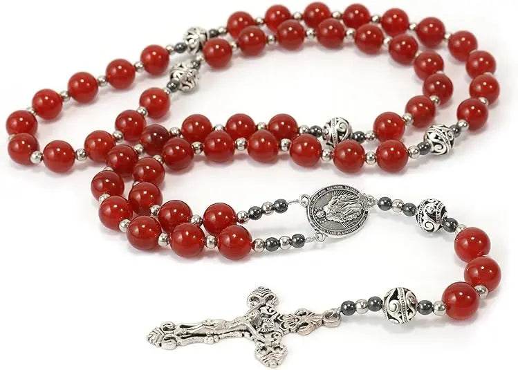 Red Garnet Stone Rosary Necklace Miraculous Medal & Silver Crucifix - Nazareth Store