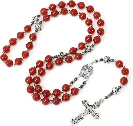 Red Garnet Stone Rosary Necklace Miraculous Medal & Silver Crucifix - Nazareth Store