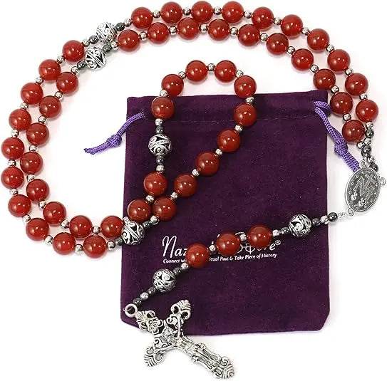 Red Garnet Stone Rosary Necklace Miraculous Medal & Silver Crucifix - Nazareth Store