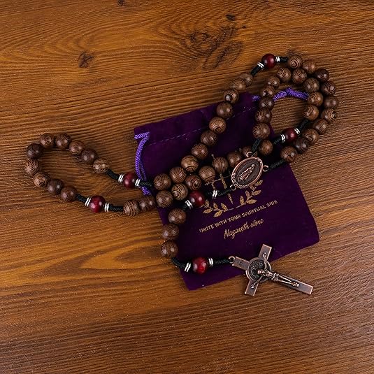 10mm olive wood beads and 12mm dark red wood mystery beads, this rosary offers a bold, strong design that’s perfect for men.