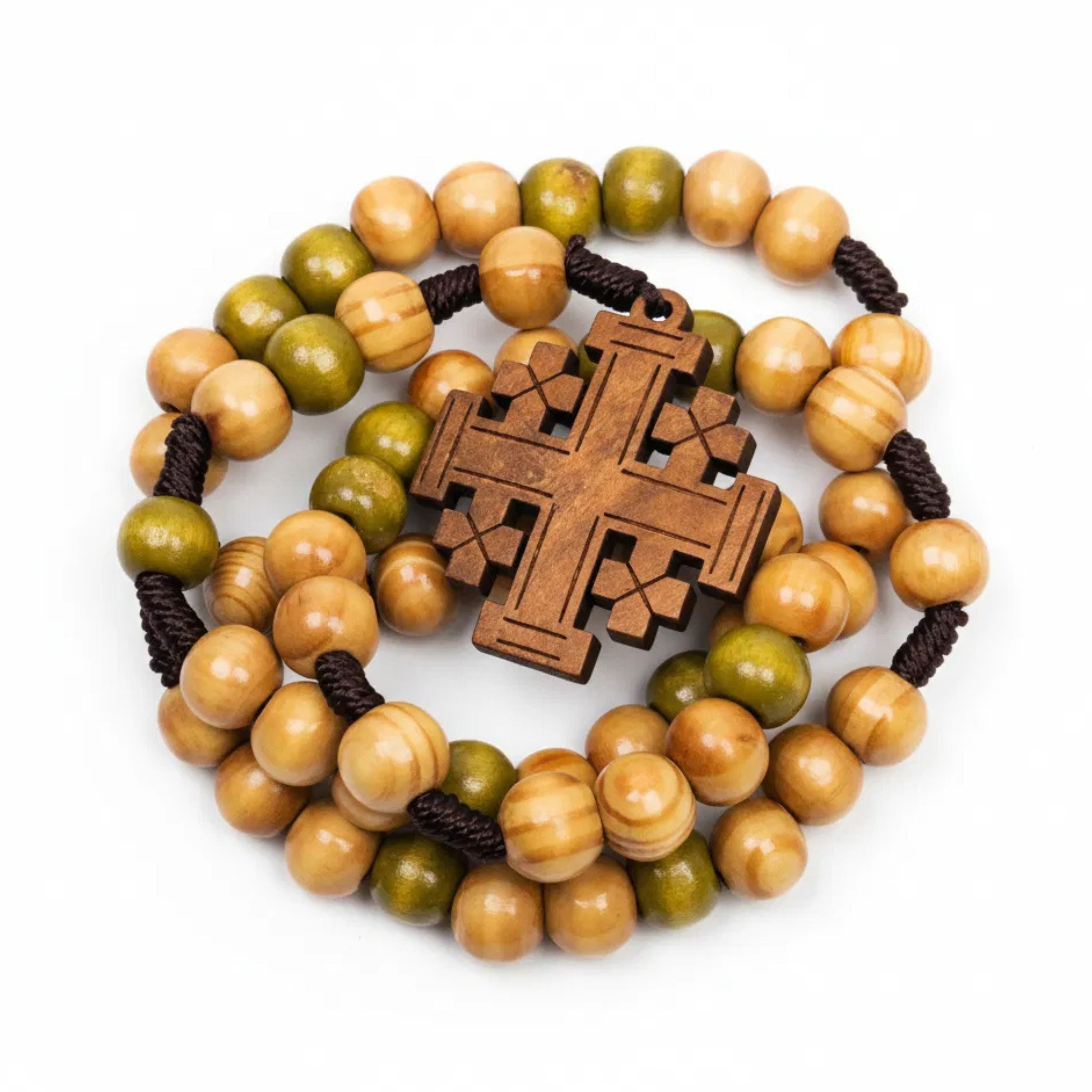 Handcrafted Olive Wood Prayer Rosary with Jerusalem Cross Catholic Car Protection Chaplet-Nazareth Store