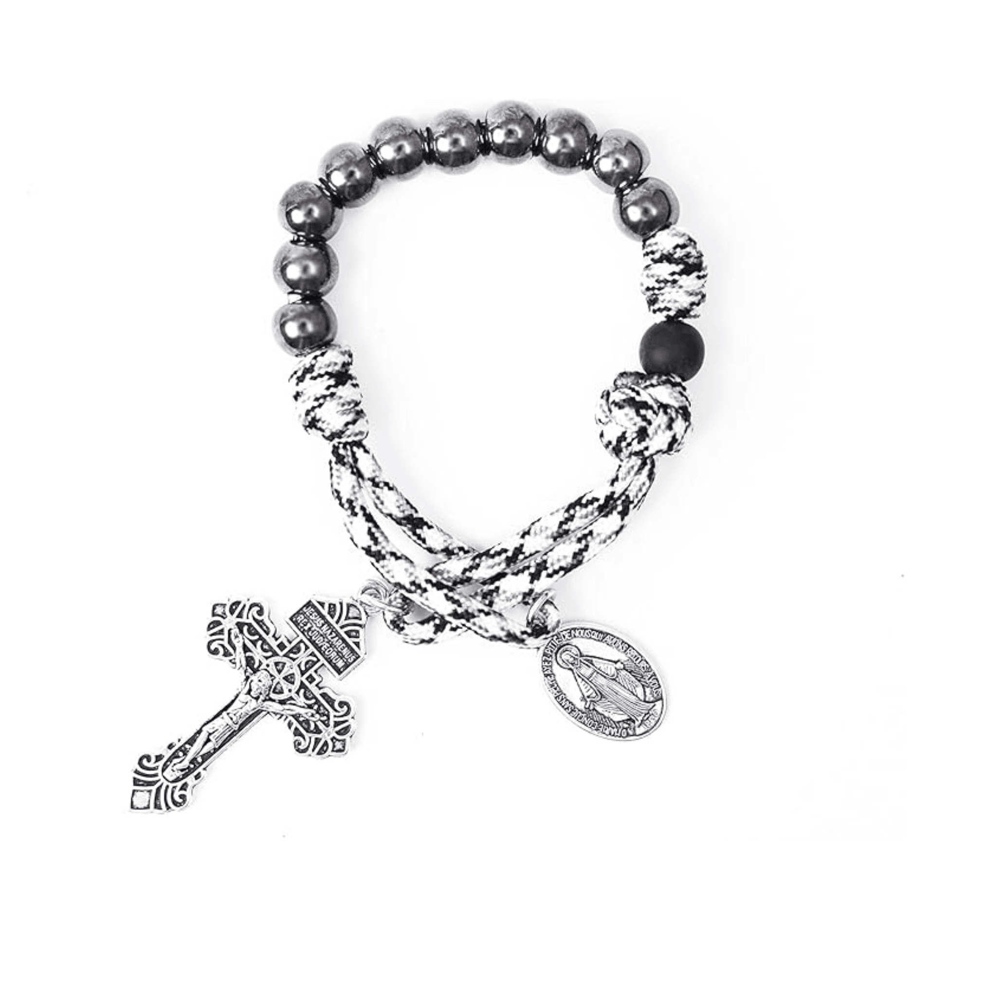 One Decade Rosary Beads Black & White Paracord Pocket Chaplet with Silver Beads & Miraculous Medal - Nazareth Store