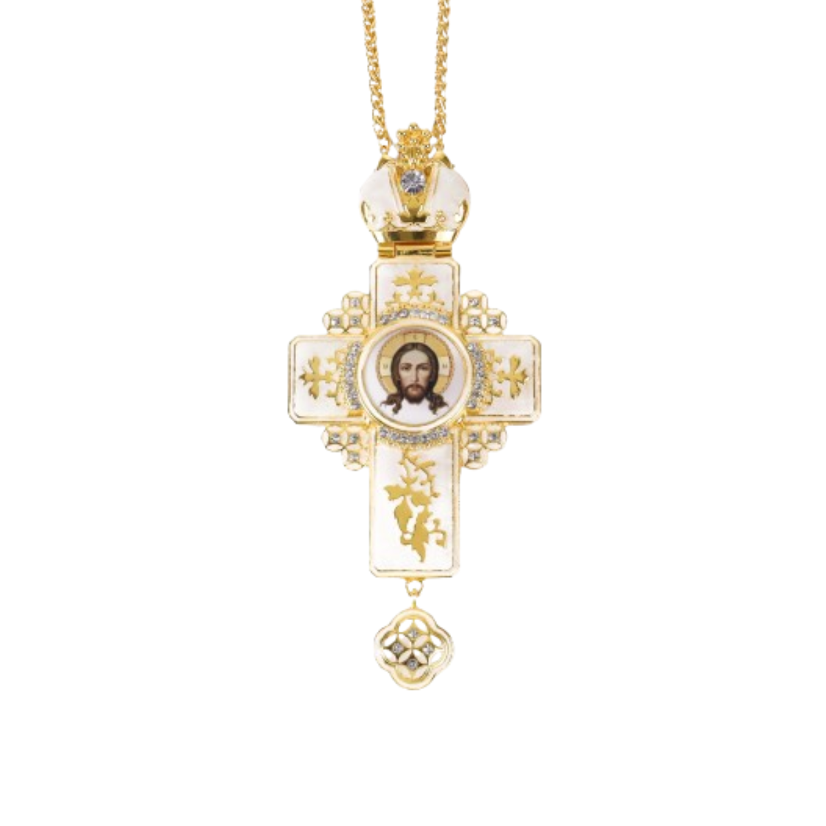 Orthodox White Enamel Gold Plated Cross Pendant is a striking symbol of Christian faith, designed with attention to detail and elegance.